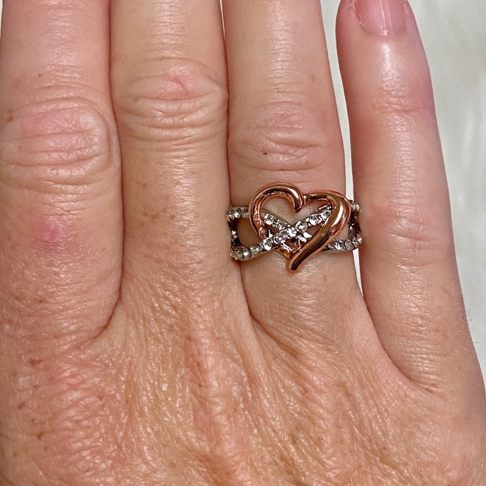 Rose Gold & Silver Simulated Diamond Heart Ring - Picture 9 of 12